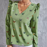 Spring Autumn Hot Deals Women Long Sleeve Tops Lady Fashion Slim Pullover Shirts Elegant V-neck Butterfly Pattern Chiffon