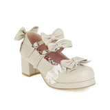 United States Women's Lolita Shoes Vintage Sweet Straps Bows Mary Janes Shoes Round Toe Chunky Mid Heel Platform Pumps