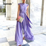 Fashion Stand Collar Chiffon Button Printed Lace-up Wide-leg Pants Jumpsuit Elegant Slim Sleeveless Loose Party