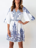 Summer Vintage Pattern Print Dresses Lady Elegant V-neck Waist Pleat Party Dress Fashion Popular Lantern Half Sleeve Women