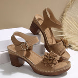 Breakj Large Size High Heel Sandals Large Flower Decoration With A Buckle Thick Heel