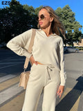 Pieces Set Women oversize Tracksuit polo collar Sweater Pullover straight pants Sweater Set CHIC Knitted Outwear sweater