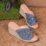 Breakj Hemp Rope Woven Edge Rivet Decorative Wedge Slippers Women Denim Large Size Wedge Slippers