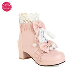 Pink White Black Chunky Heel Lolita Shoes Butterfly-knot Hollow Lace Womens Cosplay Princess Court Vintage Winter Ankle