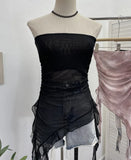 Real Shooting 2024 Summer New Dyed Printing Mesh Yarn Chest Sleeveless Top Irregular Ribbon Vest