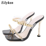 Clear PVC Transparent High Heel Slippers Summer Fashion Chain Design Slip On Square Toe Slides Women Mules