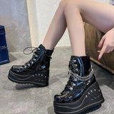 Fashion Boots Women Plus Size Black Zipper Lace Up Chain Wedge Platform Women Motorcycle Boots Fashion Gothic Punk