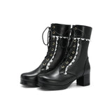 Girls Sexy Lolita Mid Calf Boots Women Motorcycle Shoes Autumn Winter Stylish Lady Lace Platforms Leather Shoes Party Botas
