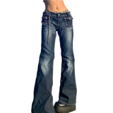Y2K Low Rise Cargo Jeans Retro Denim Flared Pants Harajuku Women Denim Wide Leg Trousers Street Indie Aesthetic