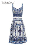 Print Two Piece Set Women's Square Collar Sleeveless Camis High Waist Midi Skirts Colorblock Sets Female
