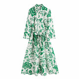 Sale Women Green Floral Print Sashes Midi Shirt Dress Female Three Quarter Sleeve Clothes Leisure Lady Loose Vestido