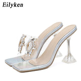 PVC Transparent Crystal Sun Flowers Buckle Womens Slippers Summer Square Toe Ladies Strange High Heels Sandals