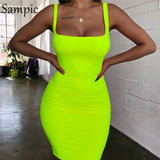 Women Sexy Bodycon Dress Summer Neon Party Club Mini Dress Backless Black Yellow Sleeveless Spaghetti Strap Woman
