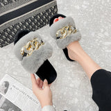 Chain Slippers Women's Autumn And Winter New Flat-Soled Large-Size Warm Slippers Cotton