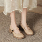 Breakj Leather Round Head Mary Jane Shoes Female Spring / Summer 2024 Comfortable Thick Heel Shallow Mouth Single Shoes Middle High Heel One Word With