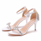 Breakj One-Word With A Hundred Bridal Slender Shoes 11 Cm High Heel White PU High Heel Sandals Ladies Wedding
