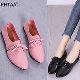 Spring Lace Up Flat Shoes Woman Elegant Soft PU Pointed Toe Fashion British Ladies Casual Female Single Footwear