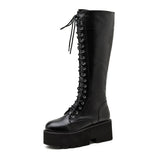 Chunky Platform Heels Pu Leather Knee High Boots Women Retro Punk Long Boots Woman Lace Up Booties Mujer 2021 New