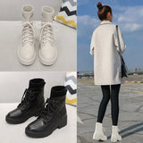 Style Little Martin Boots, Leather, Thick Soles, Fluffy Rice, White Ties, Flat-Soled Chelsea