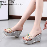 2020 Women Transparent Clear Crystal Sequins Platform Wedge Thick Sole Sandals High Heels Mules Slides Summer Beach