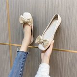 Genuine Leather Shoes Square Close Toe Butterfly Knot Slip On Low Heels Shallow Loafers Moccasins Shoes Dames