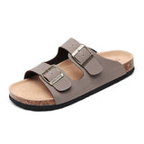 Shipping Men's PU Leather Sandals Slippers High Quality Soft Cork Two Buckle Slides Footwear For