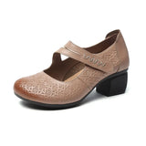2021 Vintage Women Pumps Comfortable Genuine Leather High Heel Shoes Women Round Toe Casual Thick Heel Mother