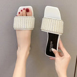 Slippers Summer Rhinestone White Flat Shoes Elegant Pearl External Wear 2021 Summer New Sandy Beach Sandals Women