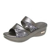 Summer Slippers Ladies Glitter PU Wedges Shoes Female Casual Slingbacks Sandals Comfortable Platform Woman Plus Size