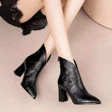 Short Boots Women Autumn Winter New Fashion Coarse And Short Barrel Black Pointed Plus Velvet And Single Boots Leather