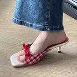 Breakj Head French Lattice Cool Slippers Women Wear Bows Out Toe High Heel