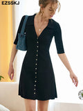 Mini A-LINE elegant black dress Women knit dress buttuon half sleeve Hepburn women