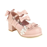 United States Women's Lolita Shoes Vintage Sweet Straps Bows Mary Janes Shoes Round Toe Chunky Mid Heel Platform Pumps
