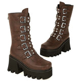 Brand Design Big Size 43 Black Gothic Style Cool Punk Motorcycles Boots Female Platform Wedges High Heels Calf Boots Women