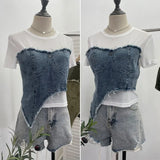 Solid Shooting Denim Splicing Mesh Yarn Short-Sleeved T-Shirt Summer Dress Irregularly Short High-Waist Repair Body Coat