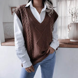 2021 New Fashion Women V Neck Print Knitted Vest Sweater Casual Sleeveless Loose Pullover Elegant Warm Lady Sweater