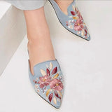 Embroider Floral Shoes Ladies Pointed Toe Slippers Silk Mules Woman Low Heels Slides Flat Sandals Femmes Outside