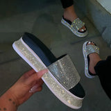 Trend Women Rhinestone Sandals Platform Wedge Mid Heel Thick Sole Outdoor Shiny Crystal Sexy Ladies Female 2021