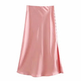 Satin Elastic waist Women Side Slit Midi Skirt 2020 New Fashion Casual Lady Button decoration Slim A-Line Skirts