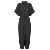 Leopard Print Jumpsuit Retro Summer Short Sleeve Lace-Up Playsuit Overalls Casual Button V-Neck Pocket Romper Bodysuit