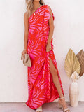 Women Elegant Floral Print Short Sleeve High Waist Beach Dress Summer Party Dress Sexy Slanted Shoulder Slit Holiday Long