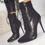 New Fashion Cross Lace-Up Black Ankle Chelsea Boots Women Sexy Pointed Toe Zip Party Nightclub Stripper High Heels