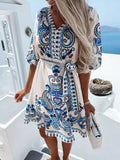 Summer Dress Women 2022 Vintage Print V-Neck Loose Balloon Sleeves Chic Party Dress Summer Casual Lace-Up Slim Waist Beach