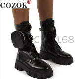 Autumn Winter Bootie Pocket Buckle Strap Pink Chunky Sole Pouch Ankle Boots Shiny Leather Patchwork Arrival Platform