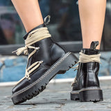 Boots Platform Genuine Leather Lace-up Chunky Motorcycle Ankle Boots Female Winter Shoes Woman Punk Booties Botas