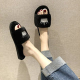 Breakj Winter New Korean Version Of The Crown Sequins One-Word Plush Warm Wool Slippers Flat Cotton Drag