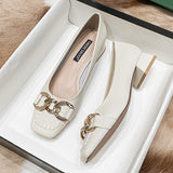 Women Pumps PU Decoration Ladies Square Heel Single Shoes Retro Square Toe Casual Zapatos Mujer Primavera Verano