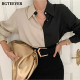 Spring Chic Women Single-breasted Patchwork Shirts Tops Elegant Turn-down Collar Long Sleeve Loose Female Blouses
