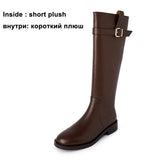 Med Heel Riding Boots Woman Real Leather Knee High Boots Zipper Thick Heel Buckle Female Shoes Autumn Winter Brown