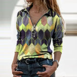 Slim Fashion Women Autumn Geometric Print V Neck T-shirts Casual Long Sleeves Zipper Pullover Elegant Streetwear Female